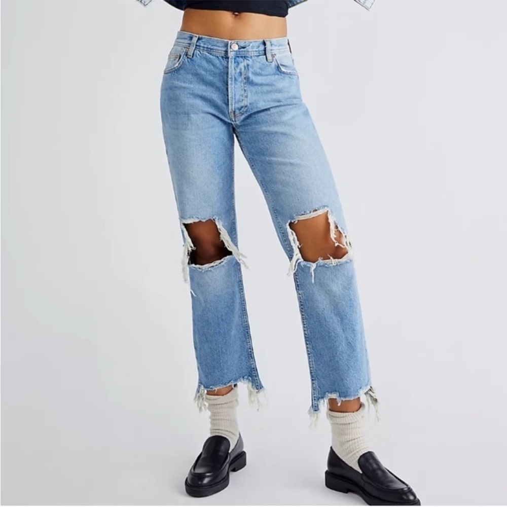 Free People We The Free Maggie Distressed Busted Knee Crop Straight Jeans Sz 28